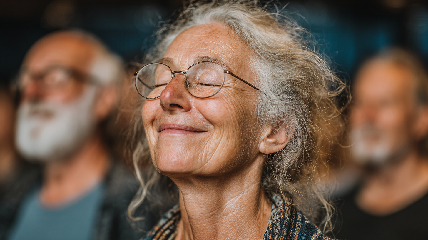 Група людей старшого віку займається йогою на природі